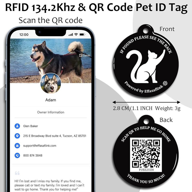 Effasaflink علامة تعريف الحيوانات الأليفة RFID 134.2Khz ورمز QR، علامة طوق، وظيفة مزدوجة - امسح رمز QR لمساعدة الحيوانات الأليفة الضائعة على العودة إلى المنزل، استبدال شريحة RFID لباب الحيوانات الأليفة الذكي وآلة التغذية (قط أسود) - Image 2